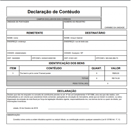 Declaração de Conteúdo dos Correios para PrestaShop 1.6 e 1.7