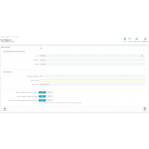 Transportadora Jamef para PrestaShop